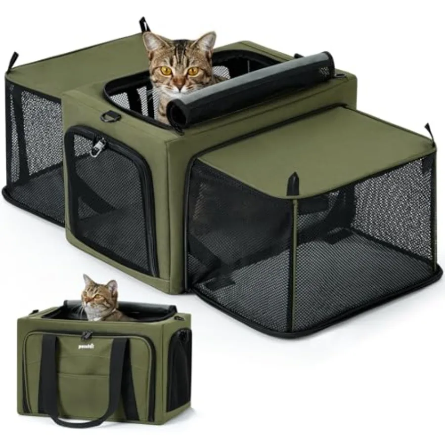 

Переноска для кошек расширяемая, устойчивая, с каркасом из стального проволока толщиной 5 мм, двусторонняя, увеличенное в 200% пространство, для путешествий на автомобиле, размер L