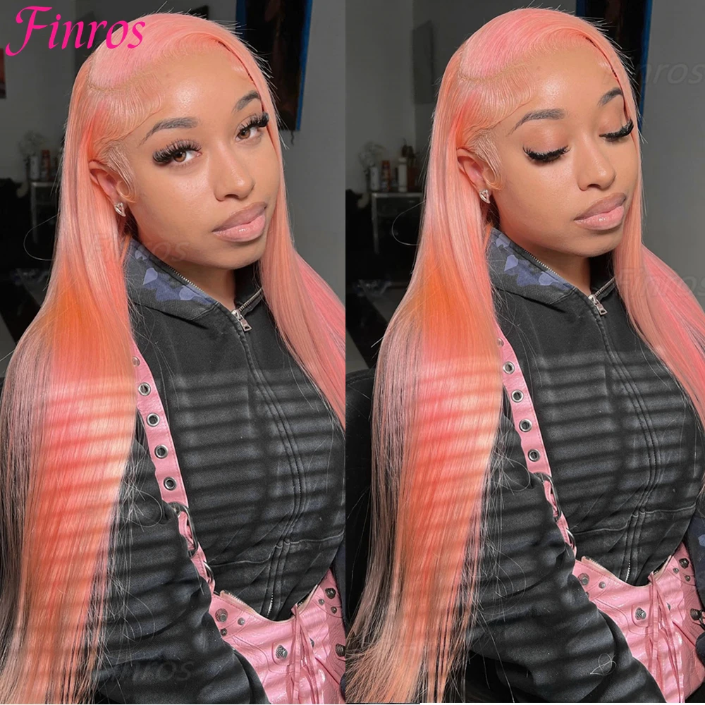 

Finros Light Pink Straight Lace Front Wig 13X6 Hd Transparent Lace Frontal Wigs 613 Pink Colored Human Hair Wigs For Women