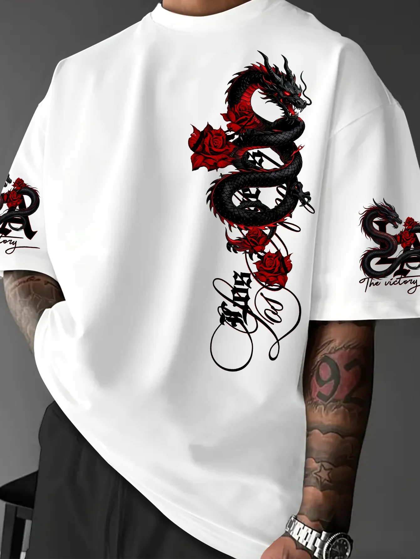 Men Drop Shoulder Oversized Tee Oriental Dragon Red Rose Graphic Print Short Sleeve Streetwear T-shirt S-XXL