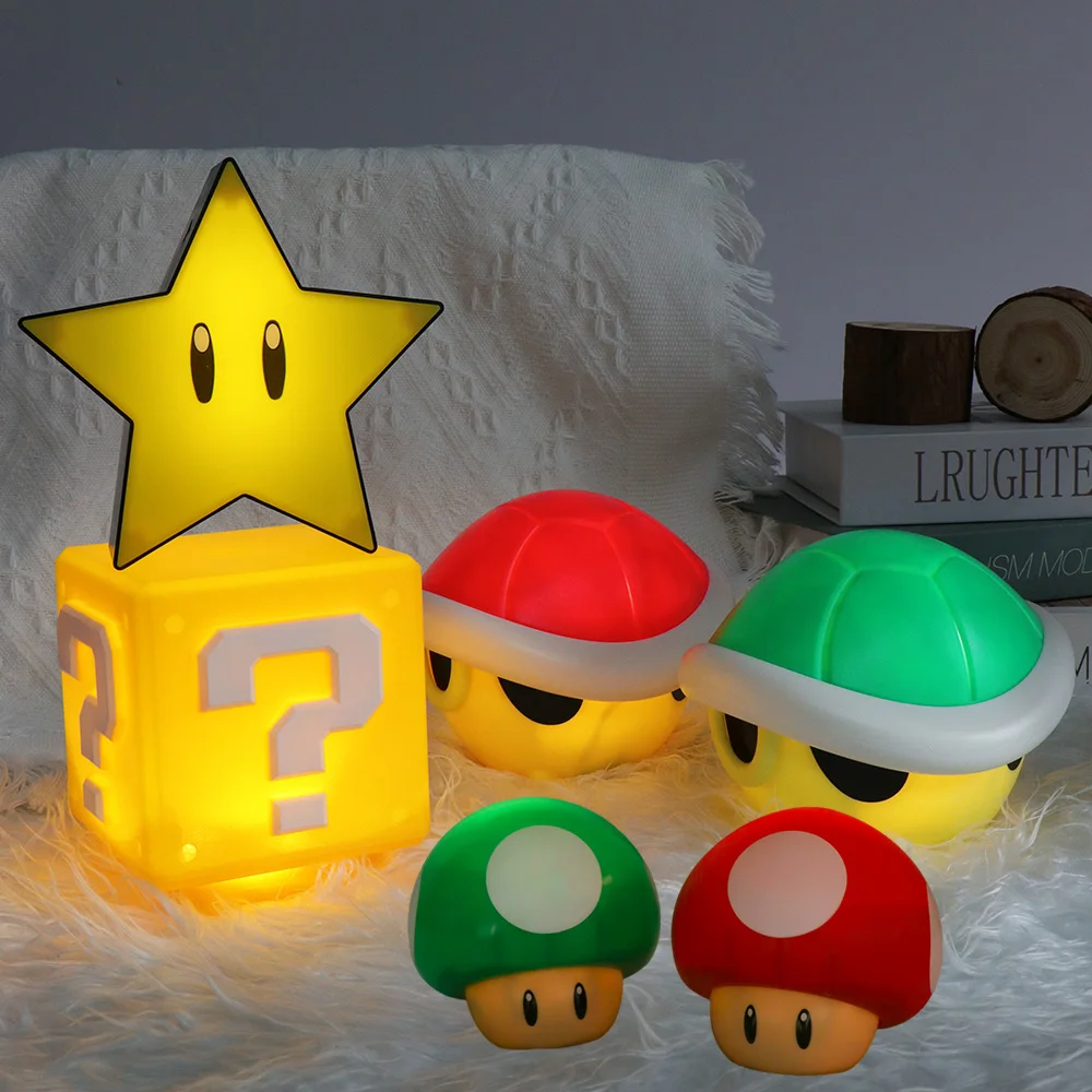 6 Styles Mario Bro Anime Figure Light Lamp Yellow Block Koopa Troopa Super Star Mushroom LED Light with Sound Decor Gift for Kid