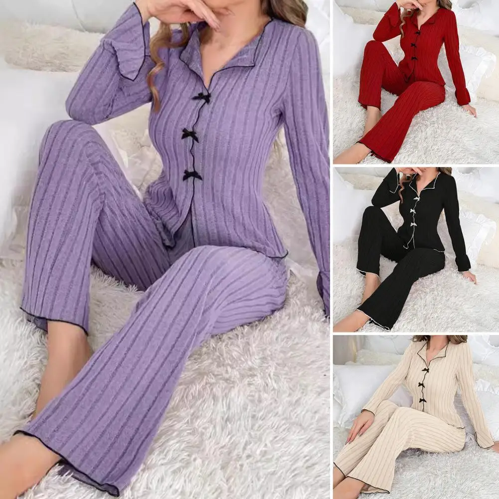 Soft Texture Sleepwear Women's Pajama Set Long Sleeve Top Wide Leg Pants Casual Lounge Two-piece Sleepwear Warm Autumn Winter