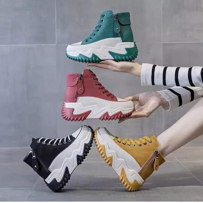 Women's High Top Chunky Dad Sneakers Platform Wedge PU Leather Lace-Up Side Zipper Casual Walking Shoes Winter Fall Plus Size