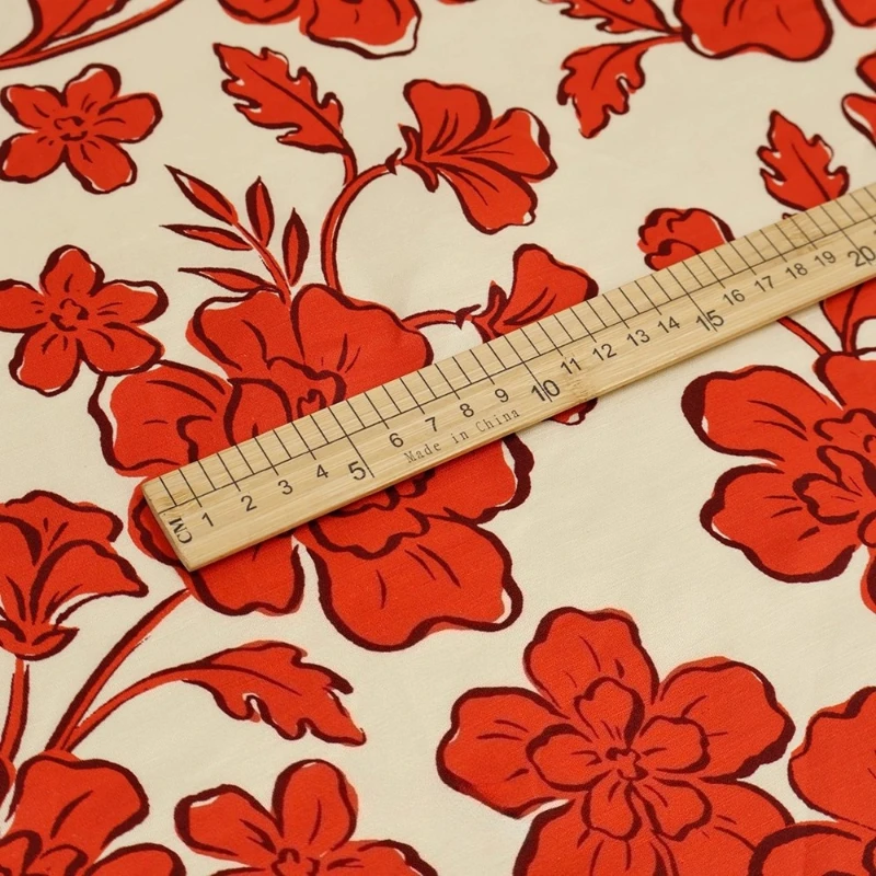 

Womens Summer Dress Hanfu Curtains Handmade Home Fabric Beige Background Large Flowers Glossy Print Linen Crafts Materials