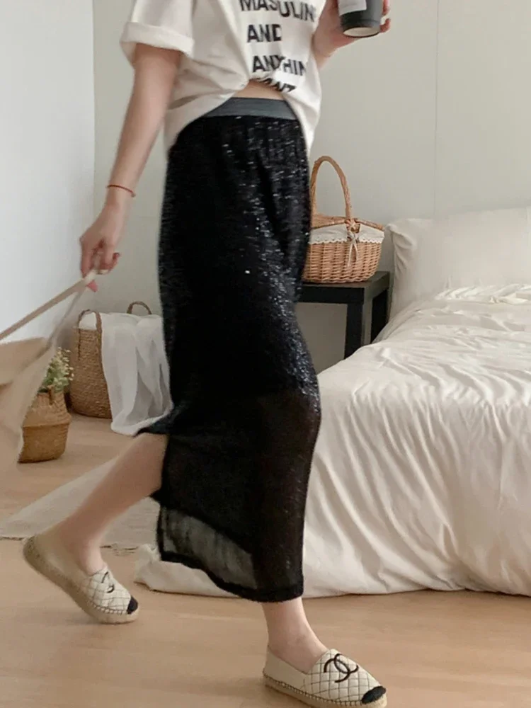 CJFHJE جديد أزياء المرأة الصناعة الثقيلة الترتر تألق تنورة الكورية تنوعا سبليت مستقيم النساء التنانير الربيع الصيف