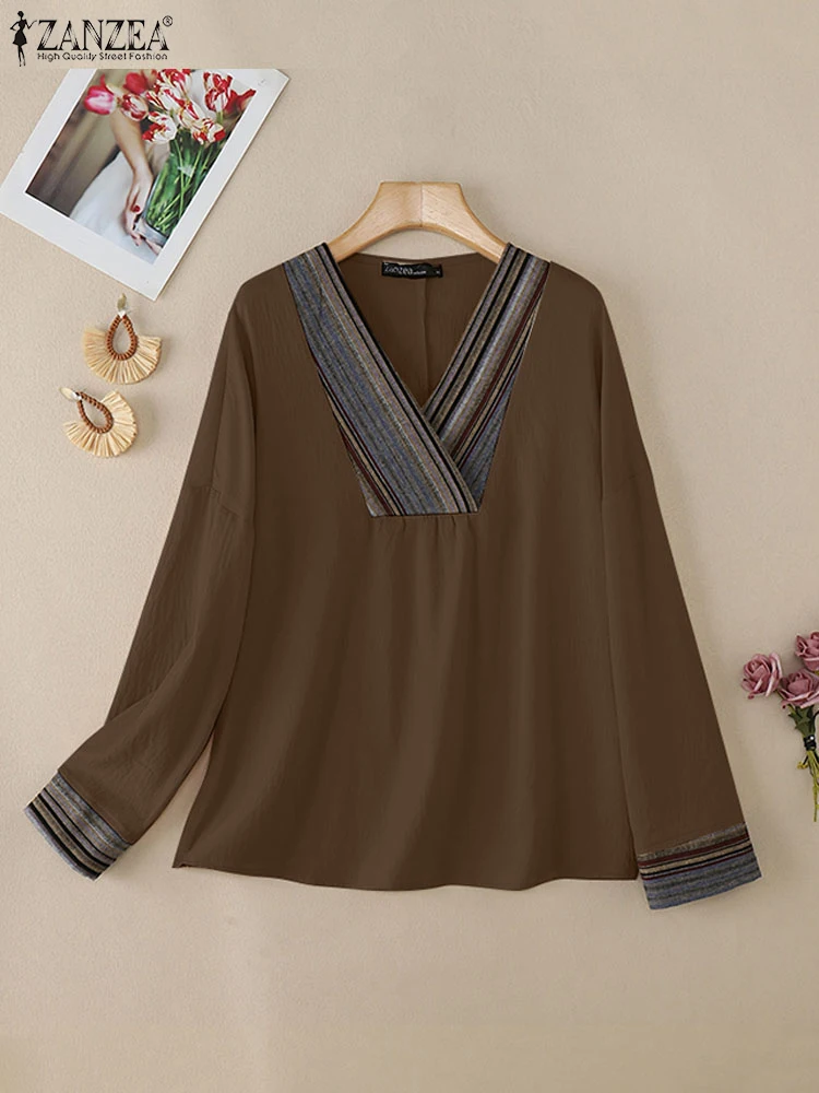 

ZANZEA Fashion Stripes Blusas 2025 Autumn Women Shirts V-neck Causal Loose Long Sleeve Blouses Vintage Retro Korean Street Tops