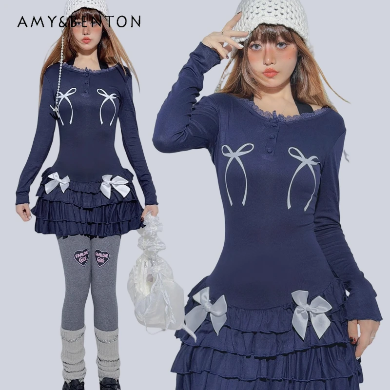 

French Original Design Black Color-Block Slimming Layered Cake Dress Autumn New Cute Bow Lace Splicing Long Sleeve Dresses Girl