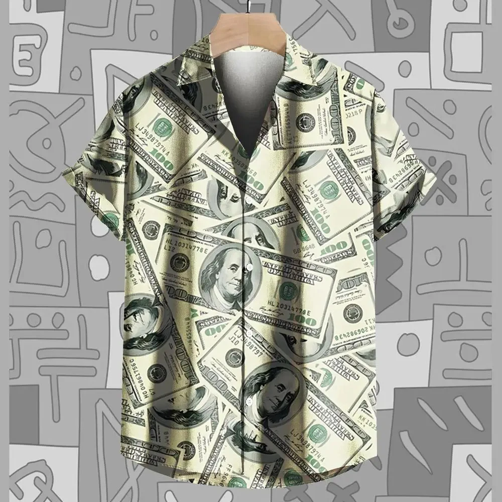 

Summer Men's Shirt Dollar Pattern Print Funny Shirts Casual Short Sleeve Streetwear Fashion Male Oversized Clothing Cardigan Top