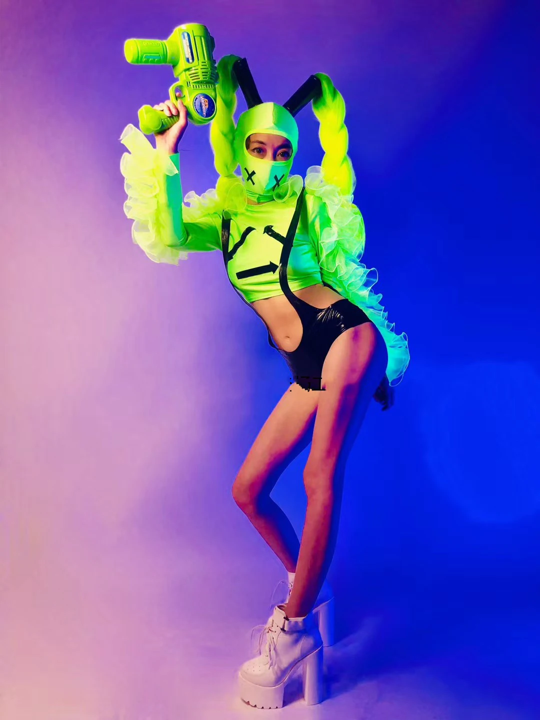 Fluorescent Green Puff Sleeves Tops Pants Bar Women Gogo Dancer Dj Stage Costumes Party Performance Outfit Rave Clothes