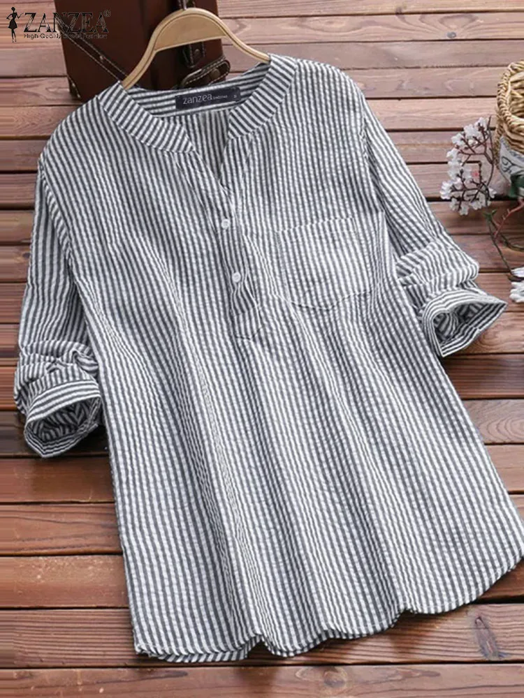 ZANZEA Autumn Stripe Blouse Women V-Neck Long Sleeve Blouses Elegant Office OL Shirt Tunic Chemise Stylish Casual Tops 2024