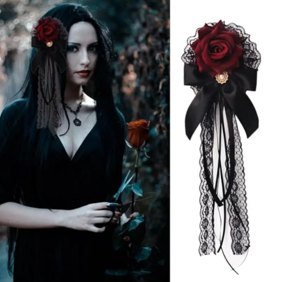 

Rose Bow Hair Clip Lolita Gothic Rose Bowknot Lace Ribbon Hairpin Hair Accessories for Women Girls Halloween Cosplay Rave Birth