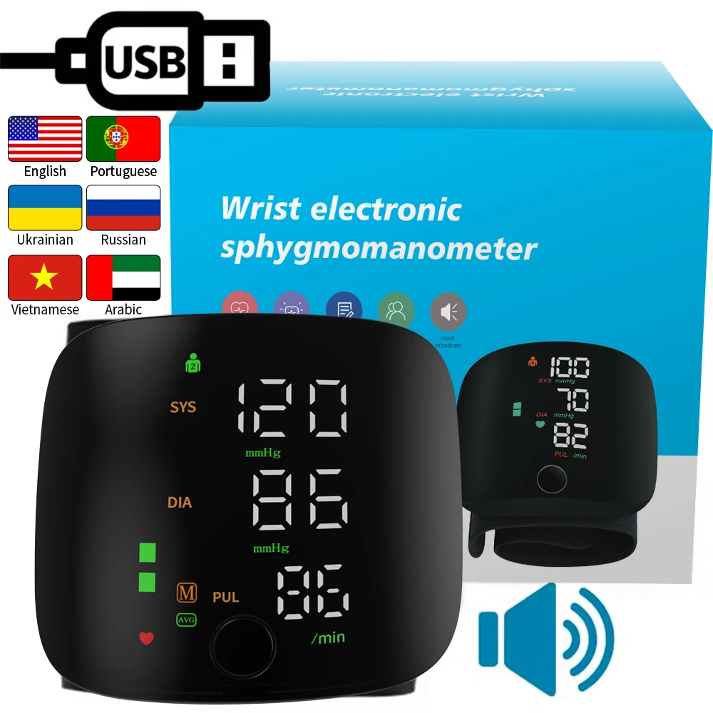 Novo monitor de pressão arterial de pulso, esfigmomanômetro de transmissão multilíngue, recarregável por usb, tonômetro médico