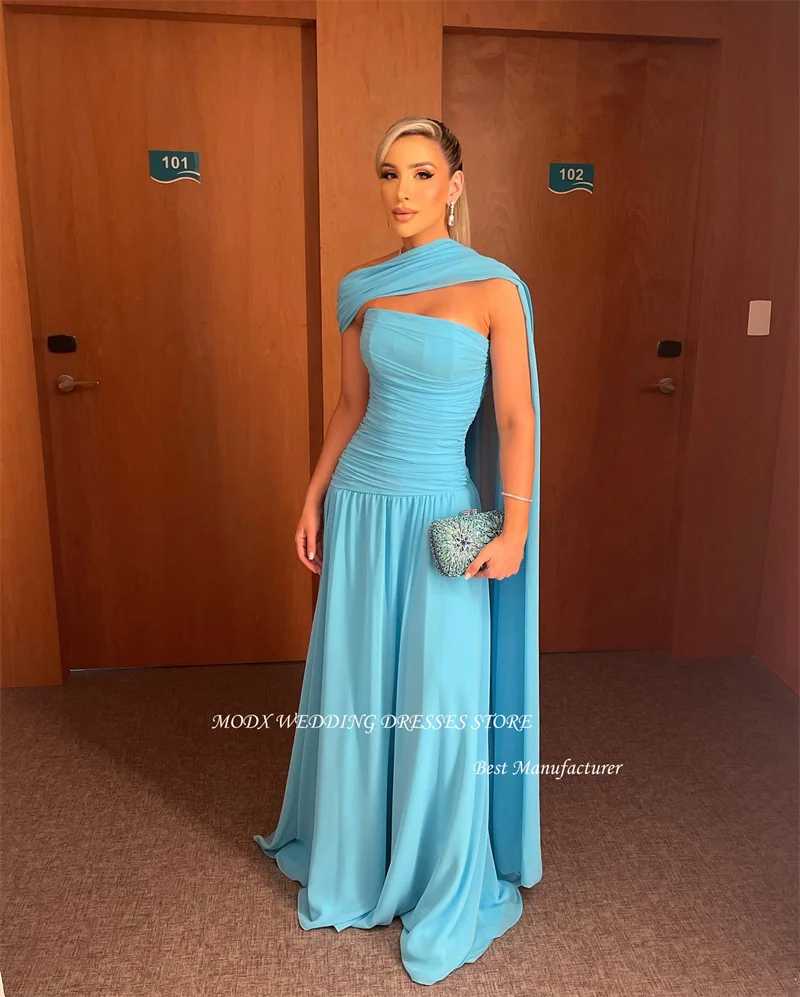 

MODX Light Blue Chiffon Evening Dresses With Scalf Strapless Floor Length Prom Gowns Formal Occasion Party Dress 2025 Customized