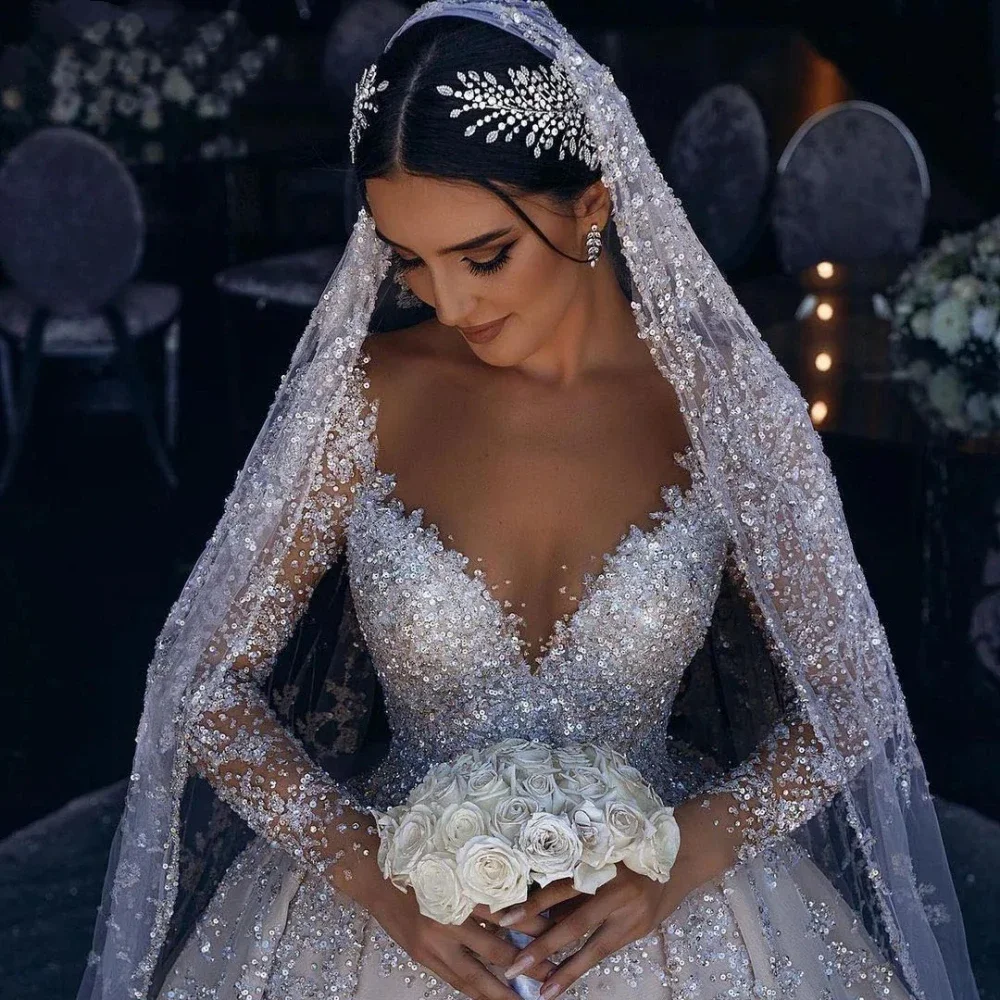 

Customized Shining O-neck Long Sleeve Bride Dresses Sparkly Sequins Wedding Gown Dubai Ball Gown Bride Robe Vestido De Novias