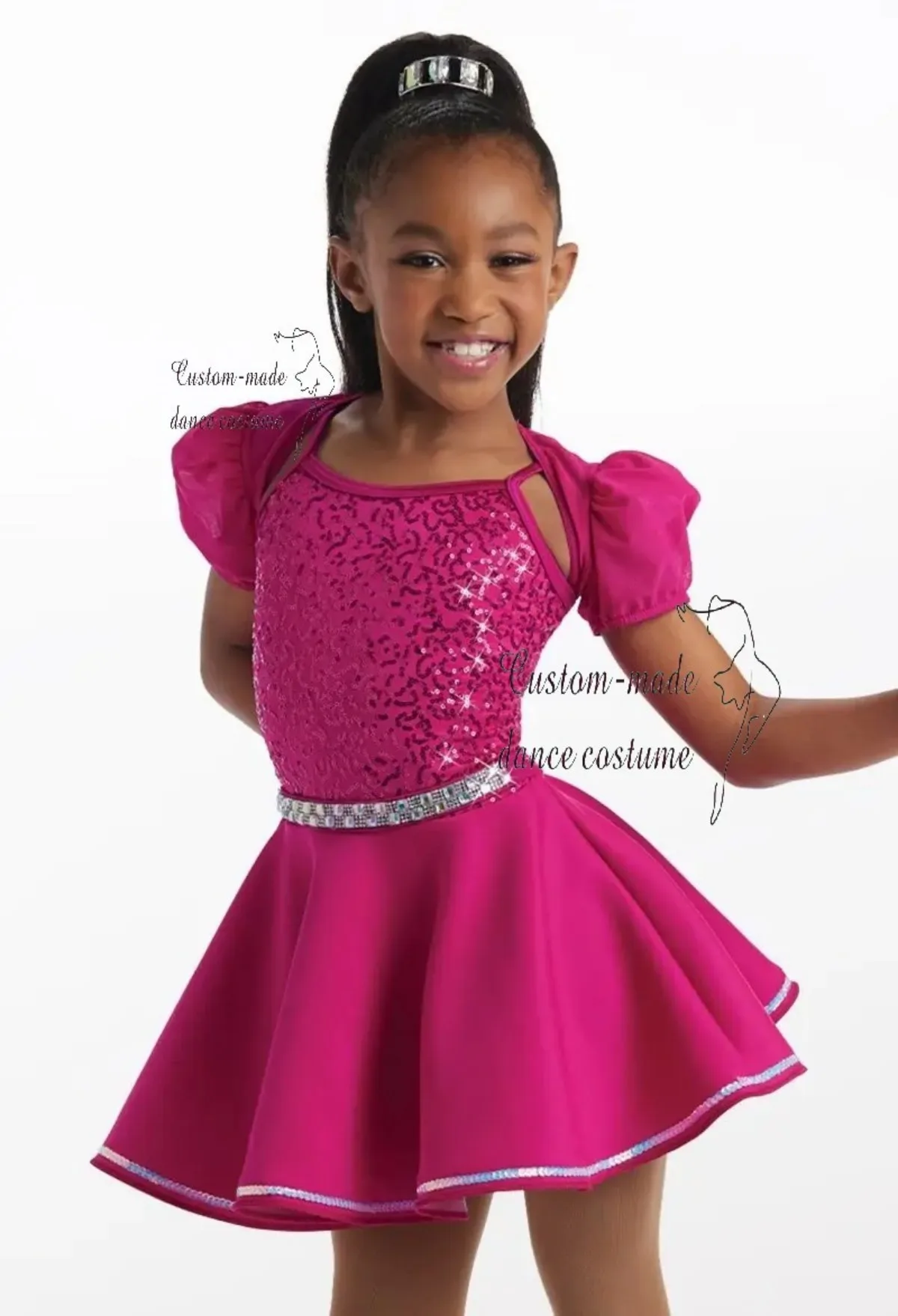 

Pink Wildcat Custom Dance Costume for Girls, Leopard Print Sequin Dress with Puff Sleeves and Rhinestone Trim, Stage Performance