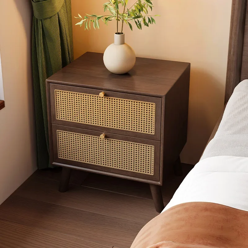 Retro style Chinese solid wood bedside table, rattan woven wood, black walnut color, bedroom storage cabinet