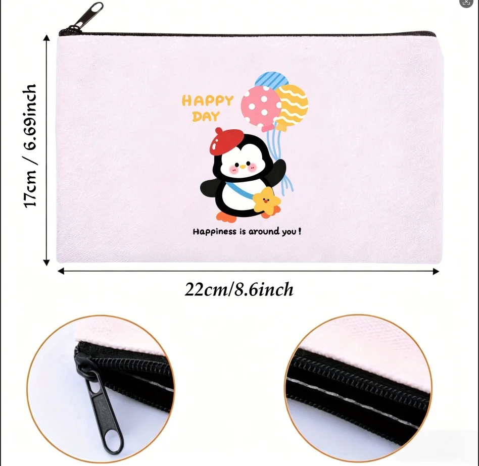 1PC Double-sided Canvas Pouch Kawaii Balloon Penguin Zipper Cosmetic Storage Bag