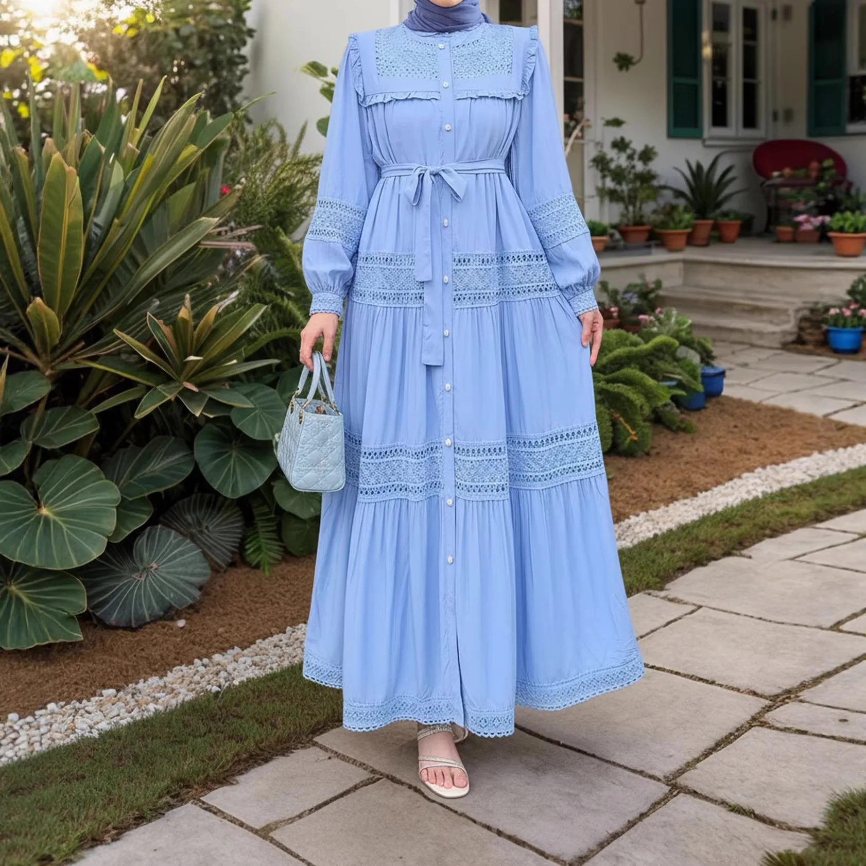 Lace Dress Women Eid Muslim Abaya Dresses Jalabiya Single Breasted Lace Up Morocco Dubai Kaftan Vestidos Ramadan Long Robe