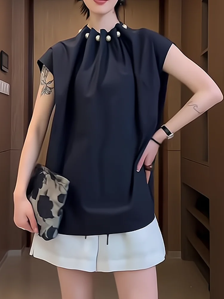 

Ele Stand Collar Pleated Beaded Svel irt Women's Loose Casual Faionable Summer New Sle Trendy Top