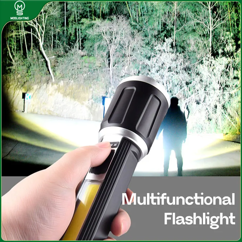 

MOSLIGHTING Наружное светодиодное освещение Портативный фонарик с зарядкой через USB со встроенной литиевой батареей высокой емкости и боковым фонарем COB