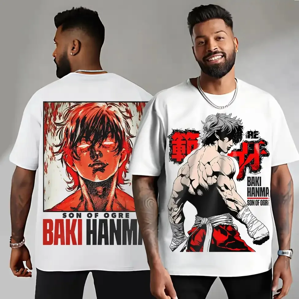 Bandai Anime Baki Hanma Print Short Sleeve Tee, Japanese Anime Character Graphic Top Street Hangout and Daily Outdoor Activity