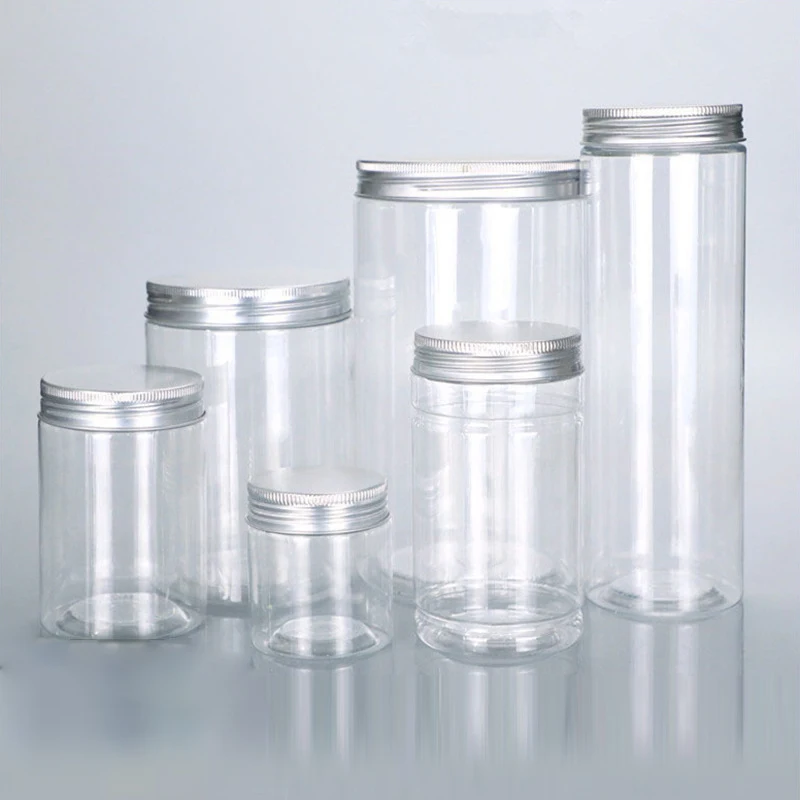 Clear Aluminum Cap Storage Jars Cookie Candy Kitchen Grain Storage Bottle Round Wide Mouth Plastic Sealed Can Container