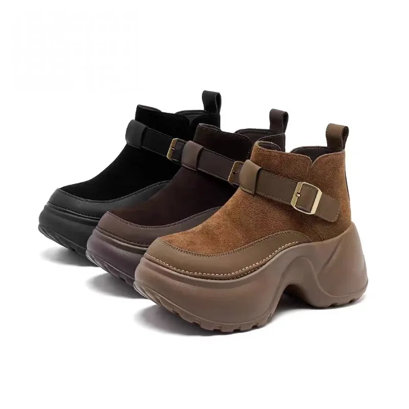 

2025 Winter New Women's Ankle Boots Thick Soled High Heels Chelsea Boots Trend Sport Short Boots Buckle Suede Women Shoes Mujer