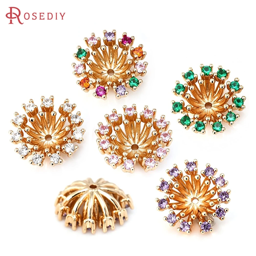 18K Gold Color Brass and Zircon Flower Shape Beads Caps High Quality Diy Necklace Earrings Jewelry Making Accessories