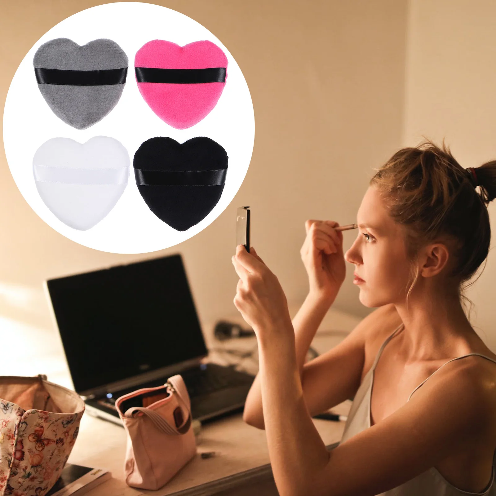 

4Pcs Heart Shape Cotton Makeup Puff Set Easy Handling Storage Delicate Touch Save Powder Natural Look Loose Mineral Powder