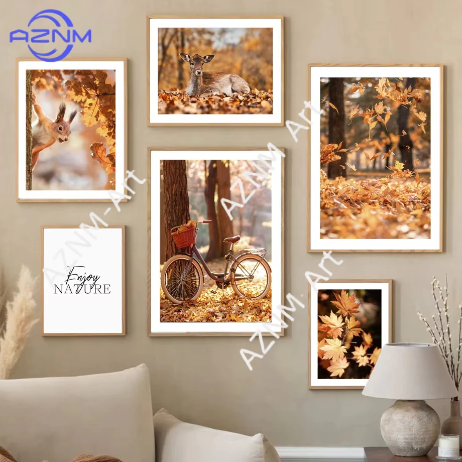 1Pc/6Pcs Autumn Maple Leaves Bike Camera Fall Deer Posters Painting Wall Art Pictures Prints Canvas For Living Room Home Decor