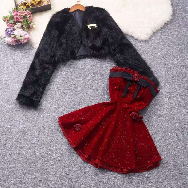 

French Coquette Elegant Off Shoulder Glitter Red Velvet Lace Bow Rose Tiered Mini Dress Women Girls Furry Trims Christmas Party