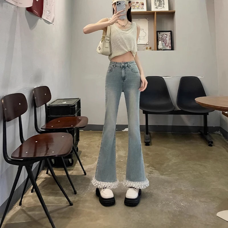 

Spring Summer Flare Denim Pants Women 2025 New Design High Waist Lace Splice Ankle Length Trousers Trendy Female White Jeans
