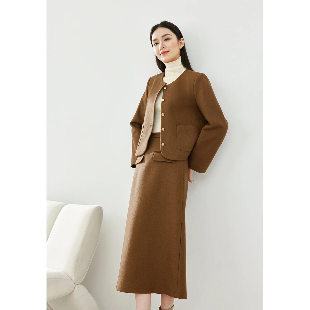 VIMLY أنيقة الصوف مزيج تنورة مجموعة س الرقبة مبطن الستر مرونة الخصر سبليت ميدي التنانير 2025 الشتاء مجموعات المرأة 2 قطعة 16260