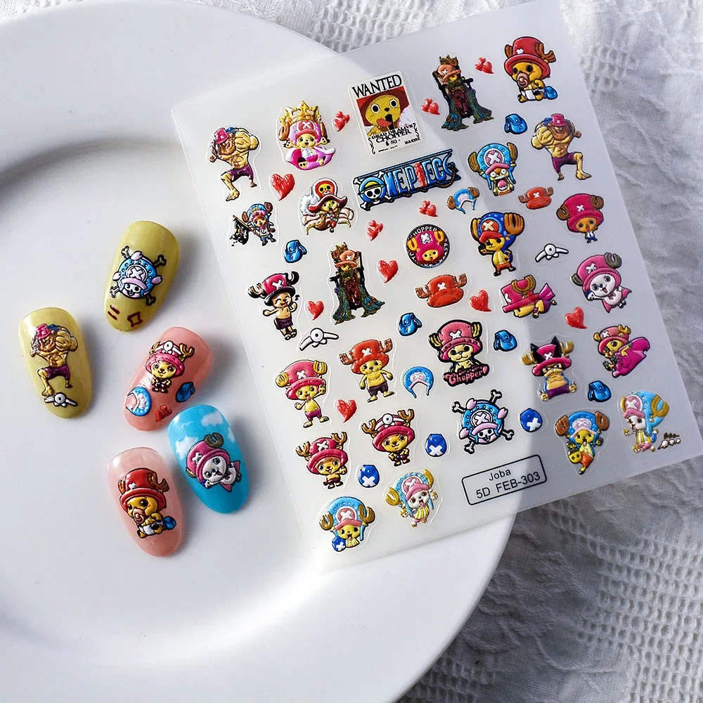 5D geprägte Cartoon Crayon Shin-chan ONE PIECE No Face Man Nagelaufkleber Press on Nails Anime Aufkleber Nageldekoration Aufkleber