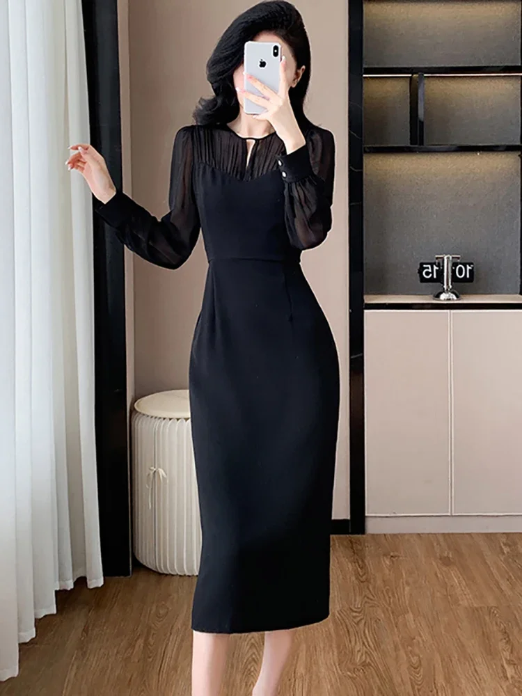 2024 Black Patchwork Mesh Sheer Sexy Long Dress Women Korean Vintage Hepburn Dress Autumn Winter Elegant Bodycon Festival Dress