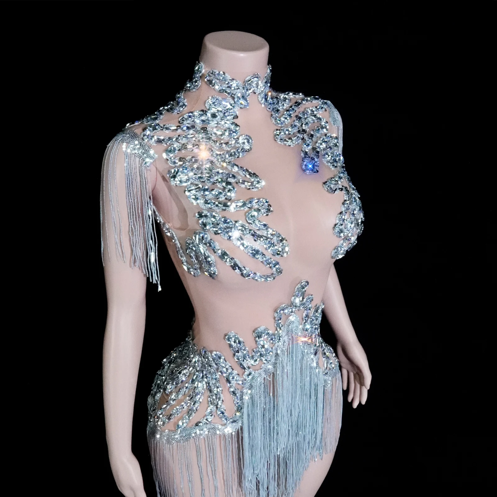 블랙 마담 메쉬 태슬 바디수트 스팽글 디자인 댄서 공연 생일 파티 댄스 의상 무대 의상 나이트클럽 드랙퀸