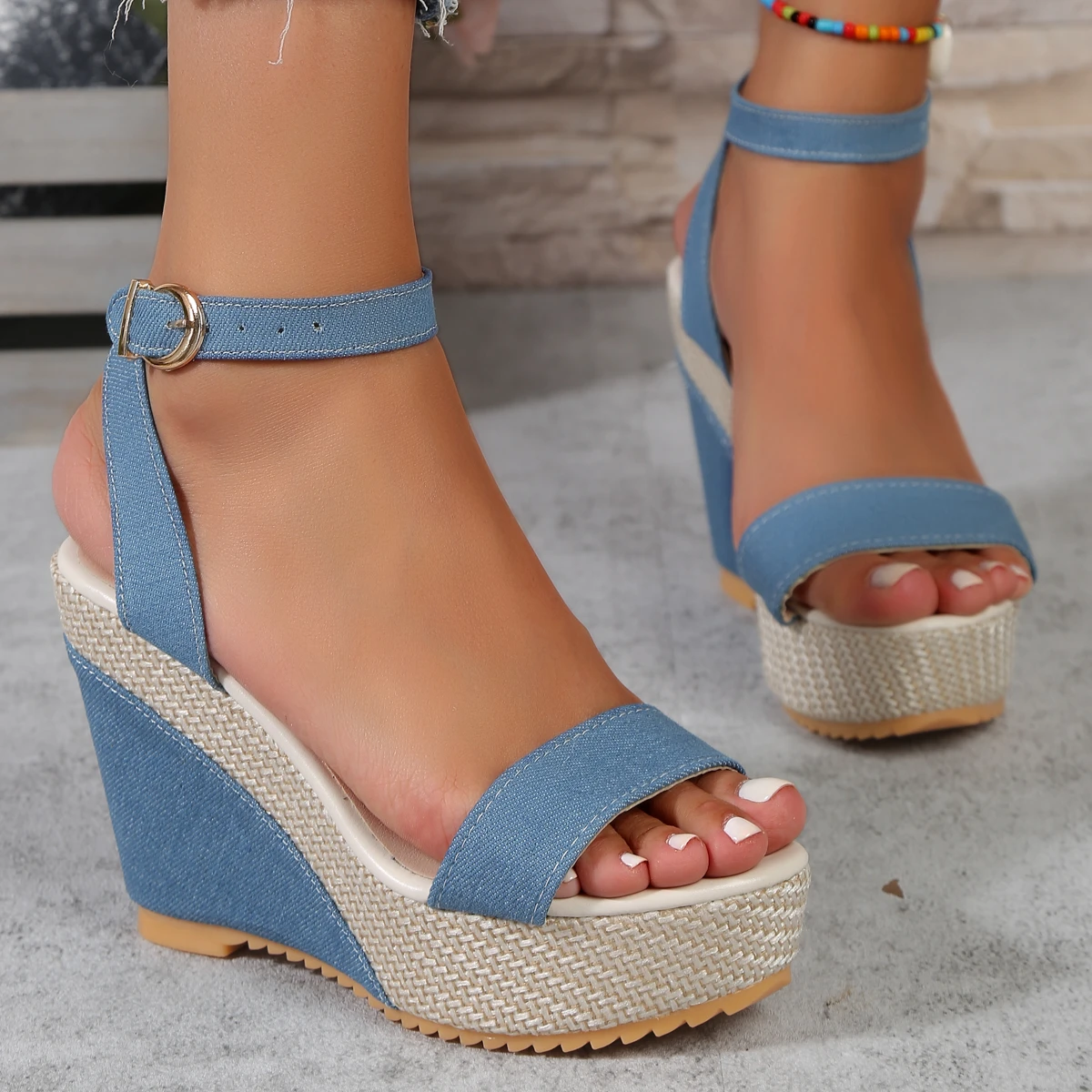 Wedge Sandals for Women\'s Open Toe Broadband Denim Crossover Platform Ankle Buckle High Heels Shoes  Sandalias De Mujer