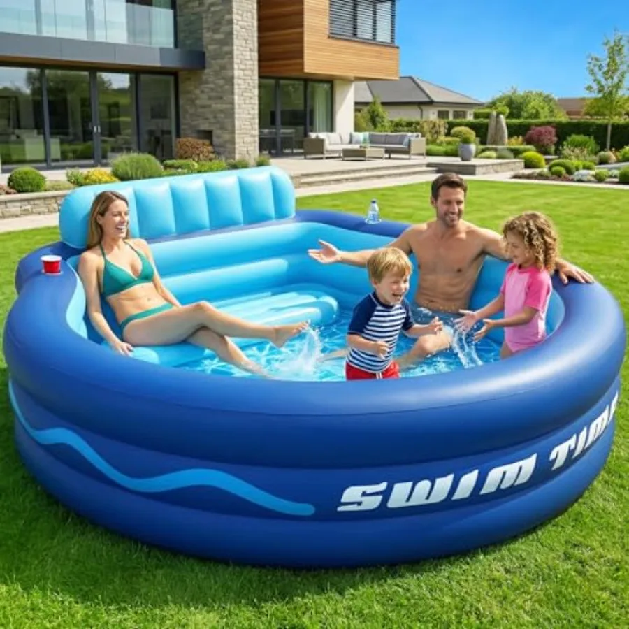 Backyard inflatable pool with seats and headrest, PVC material, blue, oversized thickened design for adult relaxation and famil