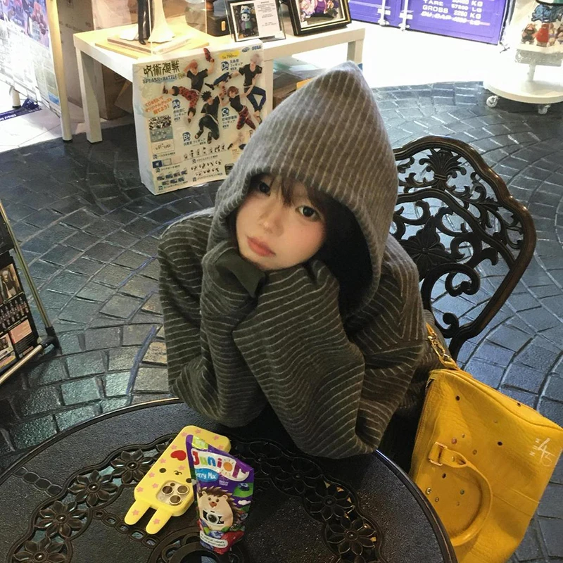 女性韓国ストライプフード付きスウェットシャツ原宿 Y2K アメリカンヴィンテージジャケット長袖ルーズカジュアルストリートクラシックレイジーコート