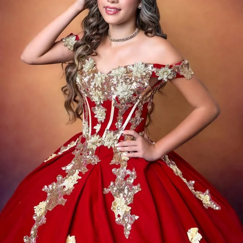 

Red Quinceanera Dress applique Tull Ball Gown 3D flower decal Long tail vestidos de 15 quinceañera Customized