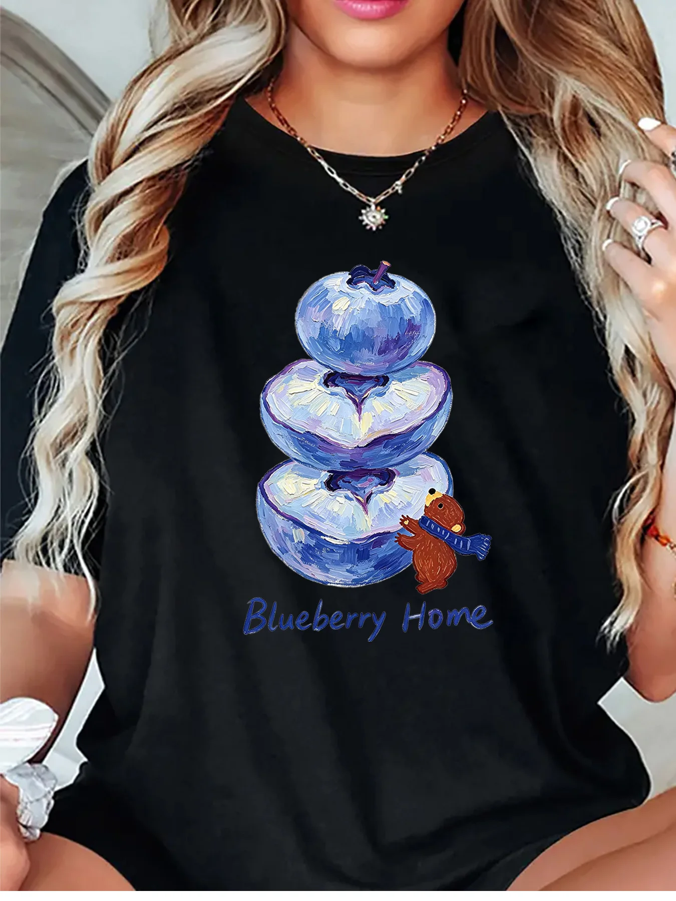 Blueberry Home Cute Bear Stacked Blueberry Watercolor Art Graphic Womens T Shirt Short Sleeve Crew Neck Casual Ladies Tee Tops