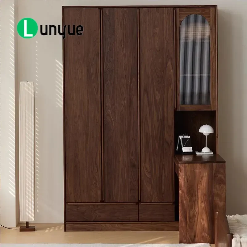 North American Black Walnut Wardrobe Corner Desk Integrated All Solid Wood Bedroom Storage Cabinet Opposite Door Design