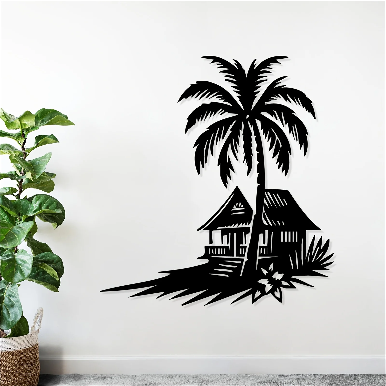 Metal Wall Art Coconut Tree Hut Iron Sculpture Weather Resistant Patio Garden Beach House Tropical Decor For Lovers Housewarming