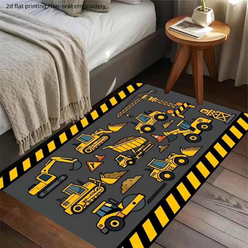 Construction Truck Kids Rug 2D Flat Printed Excavator Bulldozer Crane Floor Mat for Boys Bedroom Playroom Home Decor