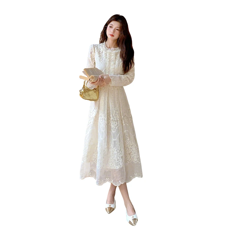 

French Light Luxury Nail Bead Lace Party Dress Women's Autumn Winter New Fashionable Apricot Ruffled Long Sleeved Dress S305