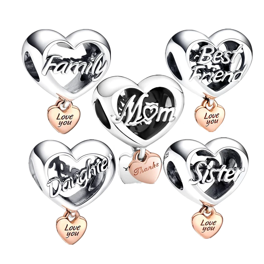 Love You Sister, Best Friend, Mum, Family & Daughter Heart Charm Bead Fit Original Silver 925 Pan Bracelet Fine Jewelry DIY Gift