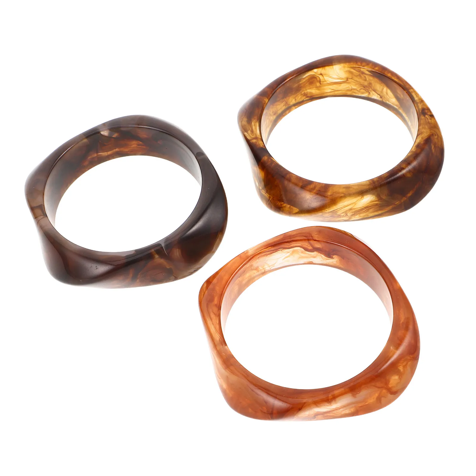 3Pcs Resin Geometric Bangle Bracelet - Coffee Marbled Irregular Wide Cuff for Women Chunky Statement Wristband Jewelry