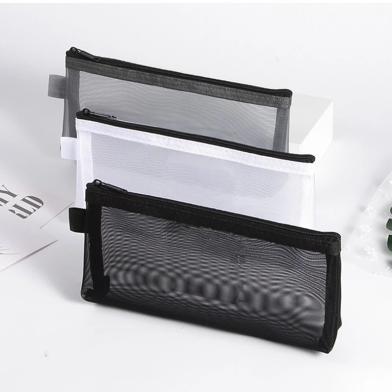 5pcs Custom Logo Makeup Case Large Capacity Mesh Transparent Cosmetic Brush Bags Students Solid Color Zipper Nylon Pencil Case