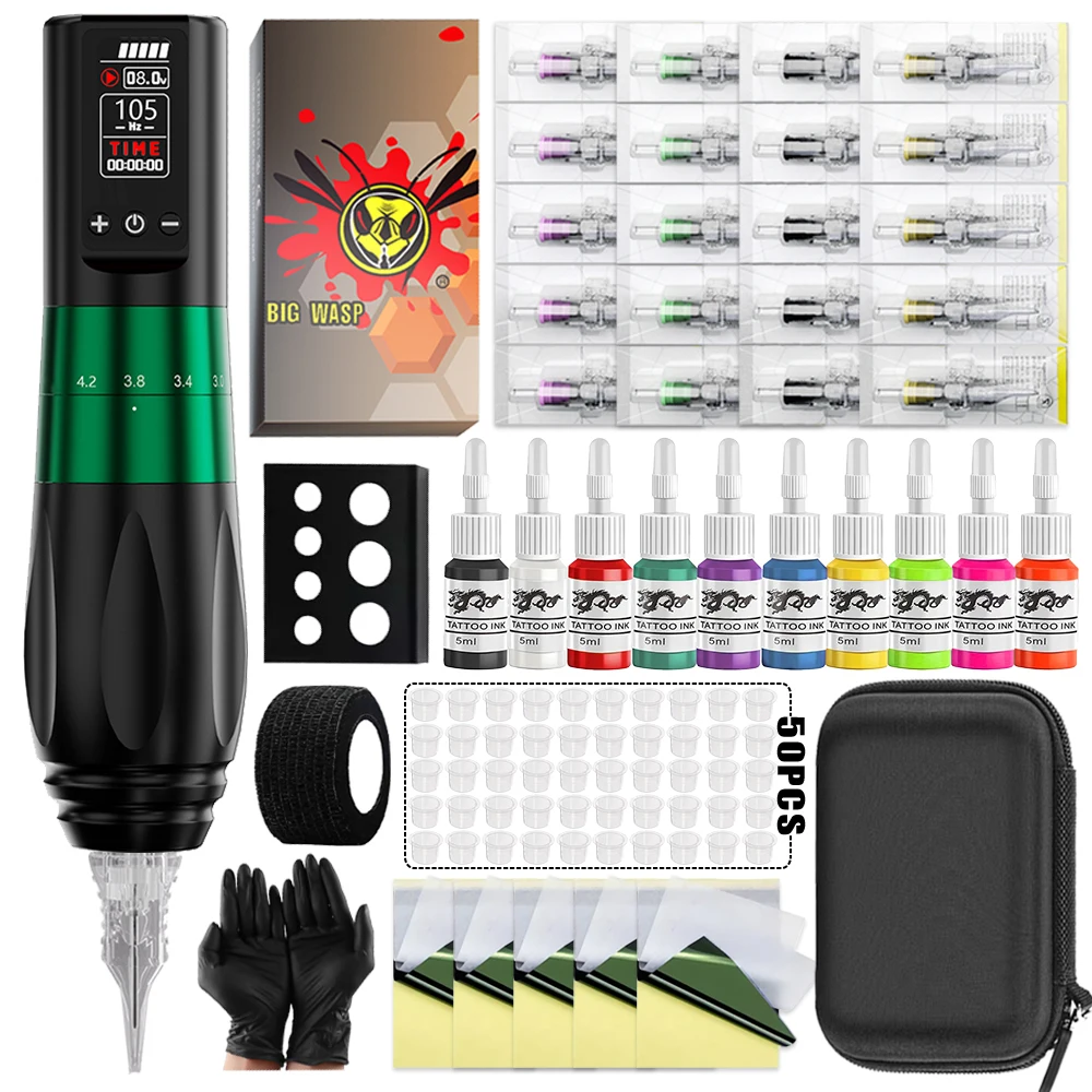 

BIGWASP Wireless Tattoo Machine Kit Adjustable 2.0-4.2mm Stroke High Quality Japan Motor Professional 1800mAh Battery Tattoo Pen