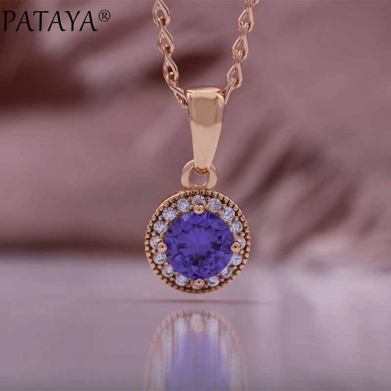 PATAYA Purple Zircon Women 585 Gold Rose Color Round Cubic Zircon Pendant Earrings Rings Sets Necklace Chain Jewelry 2024 New