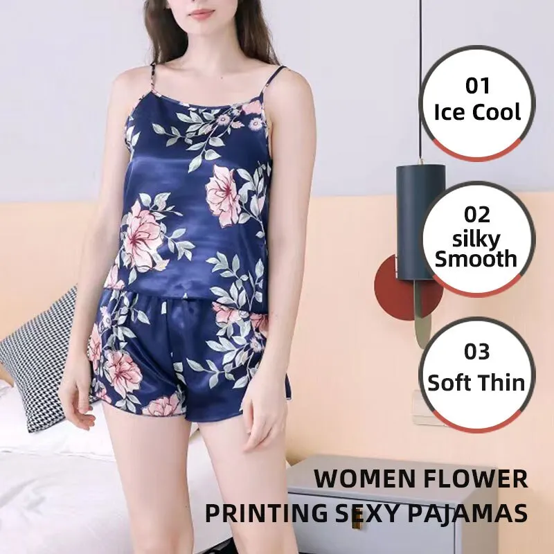 Women Sexy Pajamas Sleepwear Pajama Set Nightgowns Camisole And Shorts Black Red L XL XXL Flower Printing Summer Casual